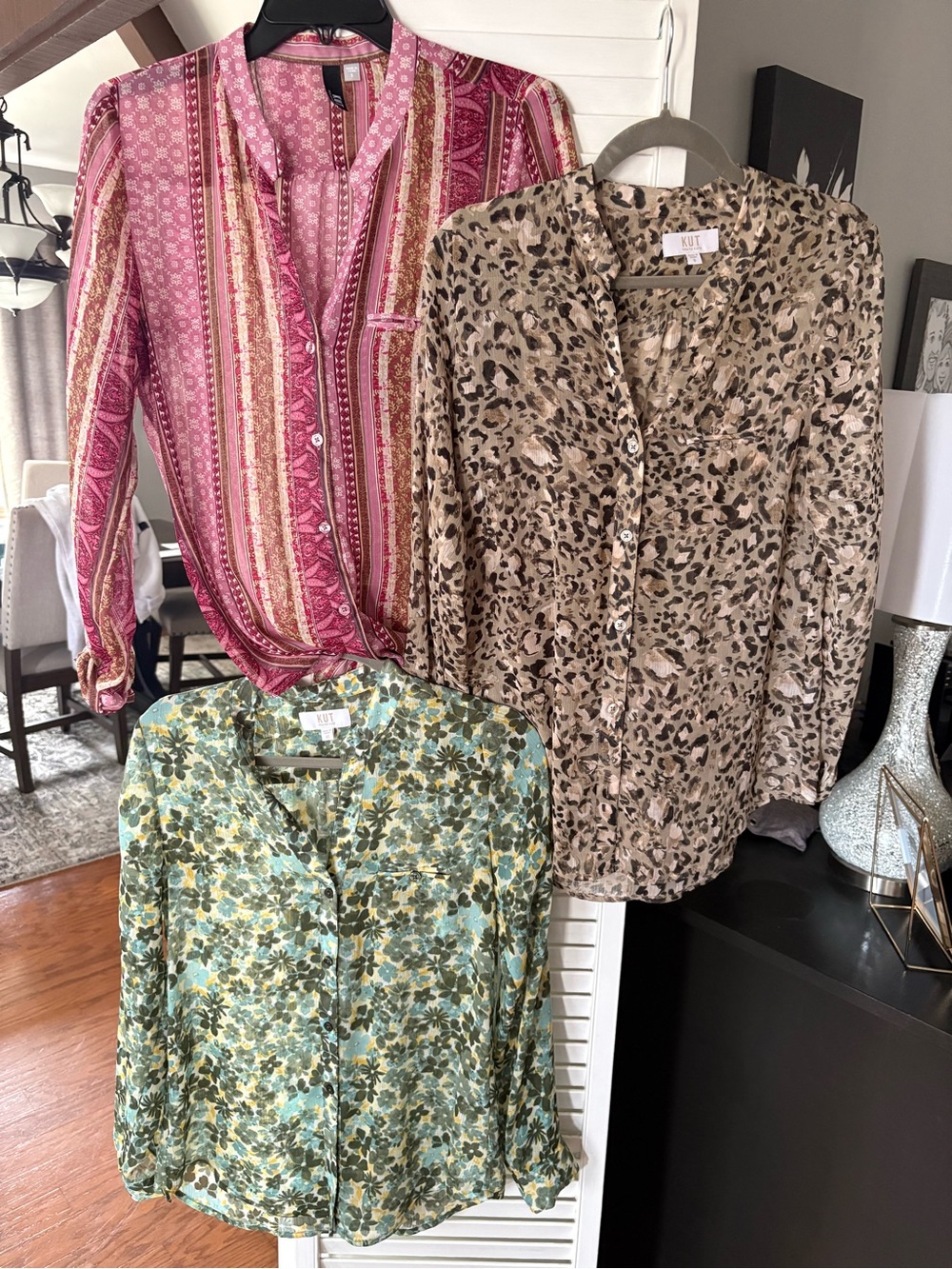 Kut from the Kloth sheer button down pink & brown smalls- green is xs